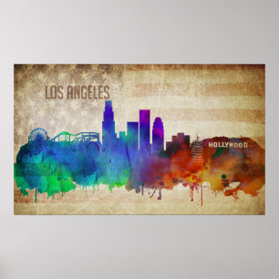 Poster Los Angeles, CA   Aquarelle Ville Skyline