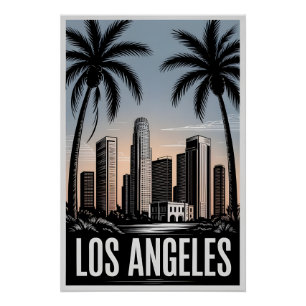 Poster Los Angeles Californie Gravure sur bois Noir et Bl
