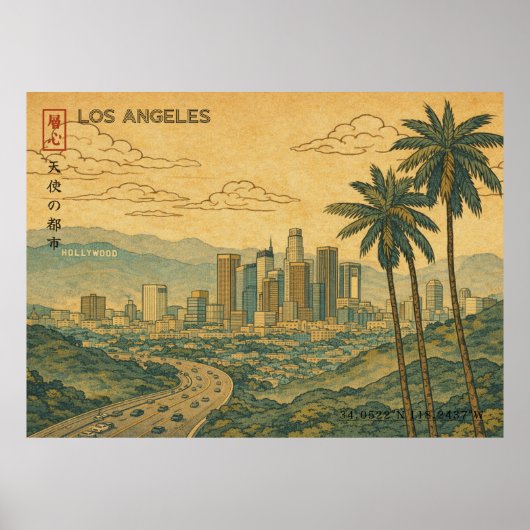 Poster Los Angeles Skyline in Japanese Ukiyo-e (Devant)