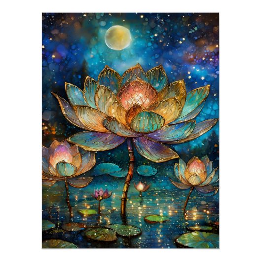 Poster Lotus de verre tendu fleurit au clair de lune (Devant)