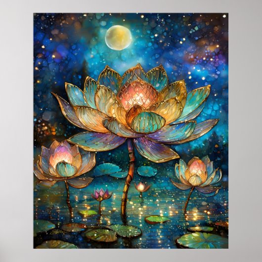Poster Lotus de verre tendu fleurit au clair de lune (Devant)