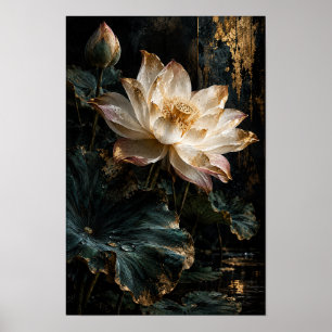 Poster Lotus Fleur Rose Pâle avec Accents Dorés Botanique