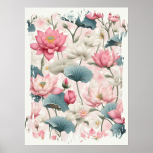 Poster Lotus romantique en rose, crème et vert tendre