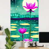 Poster Lotus rose Fleurs et Pleine lune (Bureau à domicile)