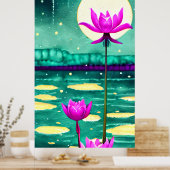 Poster Lotus rose Fleurs et Pleine lune (Cuisine)