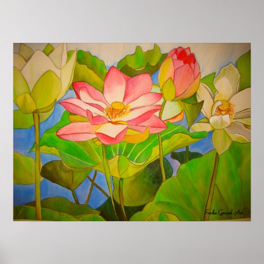 Poster Lotus rose nénuphar aquarelle peinture (Devant)