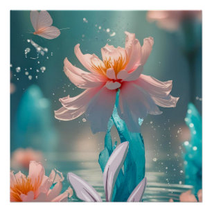 Poster Lotus rose rêveur et papillon dans l'eau aqua