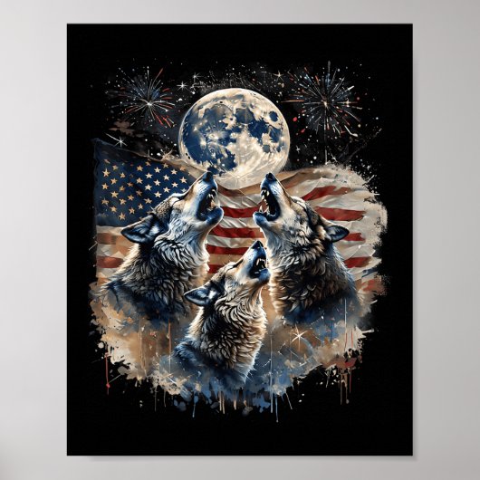 Poster Loup 4 juillet hurler des loups sous la lune Améri (Devant)