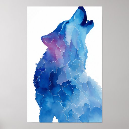Poster Loup à l'aquarelle bleue hurlant (Devant)