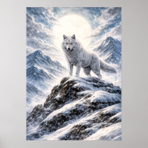 Poster Loup Arctique Sur Le Sommet D'une Montagne Enneigé