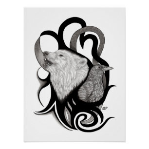 Poster Loup blanc avec art tribal coréen