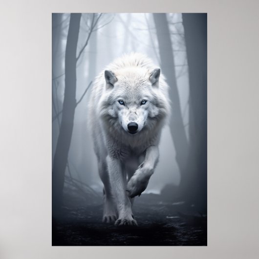 Poster Loup blanc dans la forêt de Foggy (Devant)