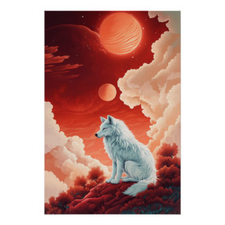 Poster Loup blanc mystique sous ciel rouge