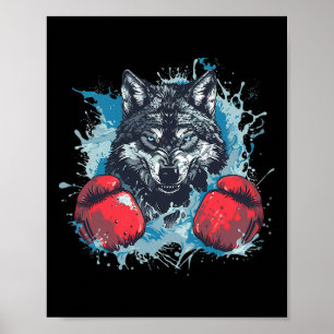 Poster Loup boxeur avec gants de boxe Kickboxing Boxe drô