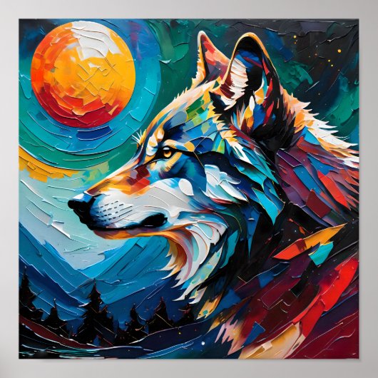 Poster Loup céleste sous la lune peinte – Abstrait (Devant)