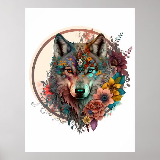 Poster Loup Coloré Avec Fleurs (Devant)