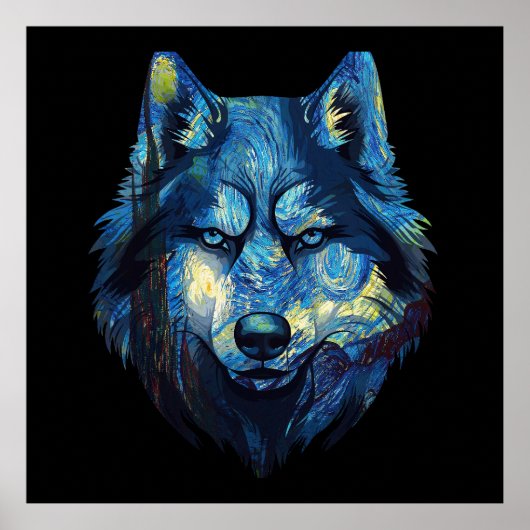 Poster Loup dans la nuit étoilée abstrait faune (Devant)