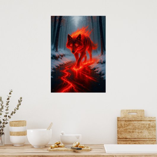 Poster Loup de feu dans l'Imaginaire de neige Esprit anim (Cuisine)
