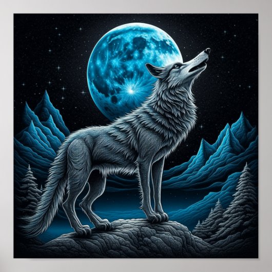 Poster Loup debout devant la pleine lune | art IA (Devant)