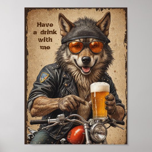 Poster Loup et bière (Devant)