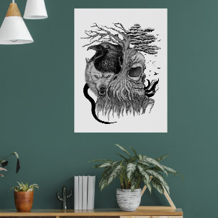 Poster Loup et corbeau avec crâne