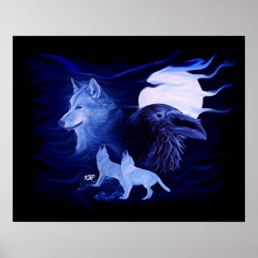Poster Loup et corbeau avec pleine lune (Devant)