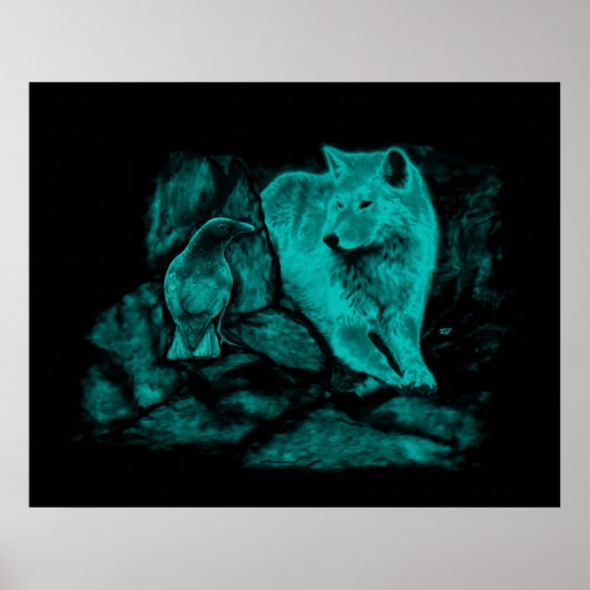 Poster Loup et corbeau dans la nuit (Devant)