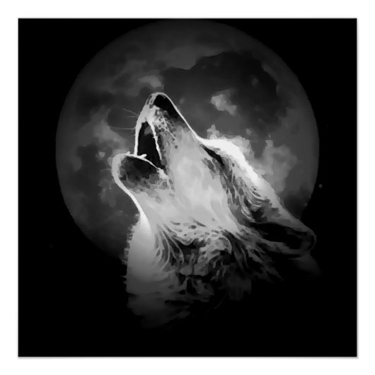 Poster Loup et lune de Howling noir et blanc (Devant)