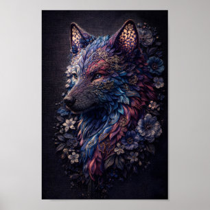 Poster Loup floral complexe esprit animal bleu violet