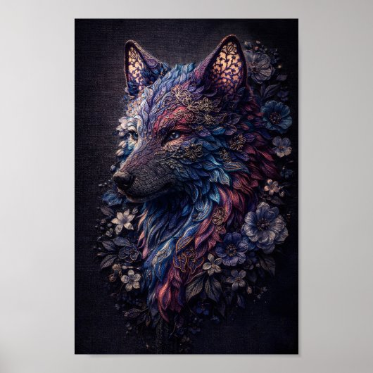 Poster Loup floral complexe esprit animal bleu violet (Devant)