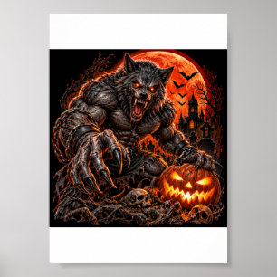 Poster Loup-garou effrayant et citrouille enflammée – Hal