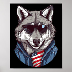 Poster Loup Gris avec drapeau américain patriotique