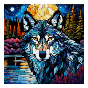 Poster Loup gris dans la forêt vitrail