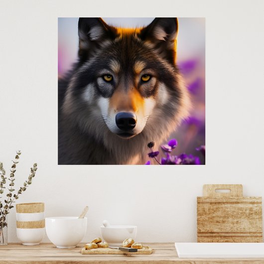 Poster Loup gris en fleurs violettes (Cuisine)