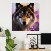 Poster Loup gris en fleurs violettes (Bureau à domicile)
