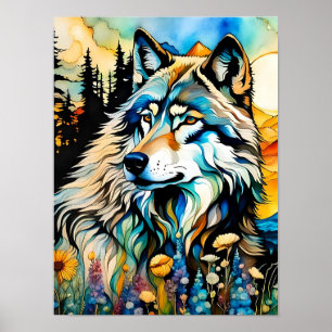 Poster Loup gris et Fleurs sauvages