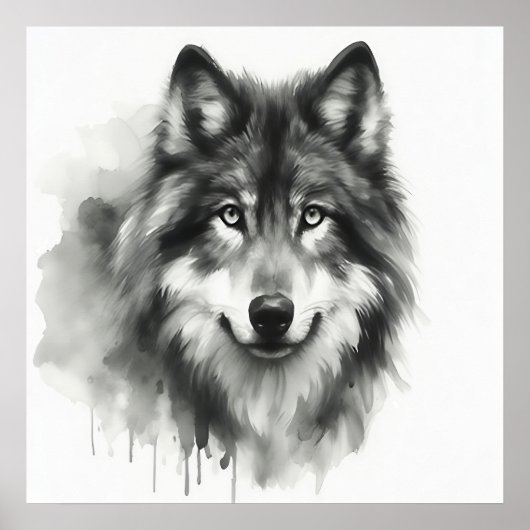 Poster Loup gris majestueux étonnant Aquarelle Faune (Devant)
