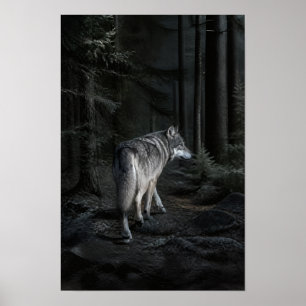 Poster Loup Gris Marchant à Travers une Forêt Sombre Faun