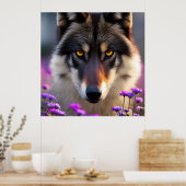 Poster Loup gris Stare - fleurs roses et violettes (Cuisine)