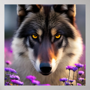 Poster Loup gris Stare - fleurs roses et violettes