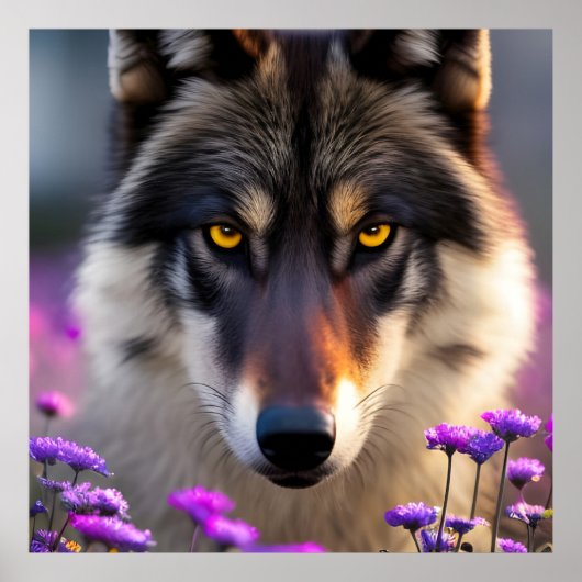 Poster Loup gris Stare - fleurs roses et violettes (Devant)