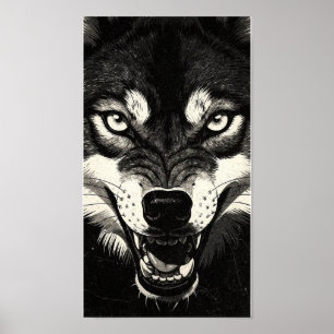 Poster Loup grognant Style Graphique Noir Blanc 50s