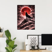 Poster Loup hurlant à la lumière de la lune rouge - Art j (Bureau à domicile)
