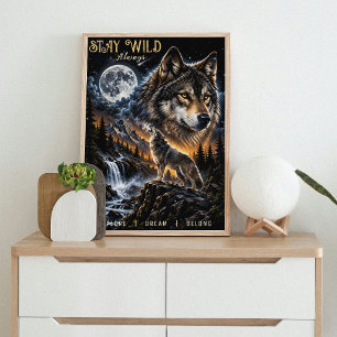 Poster Loup hurlant à la lune Forêt Faune Nature