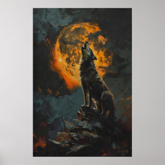 Poster Loup hurlant à la pleine lune orange imprimable hu