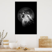 Poster Loup hurlant noir et blanc & Lune (Cuisine)