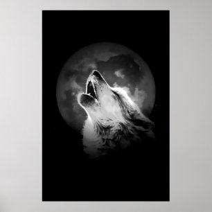 Poster Loup hurlant noir et blanc & Lune