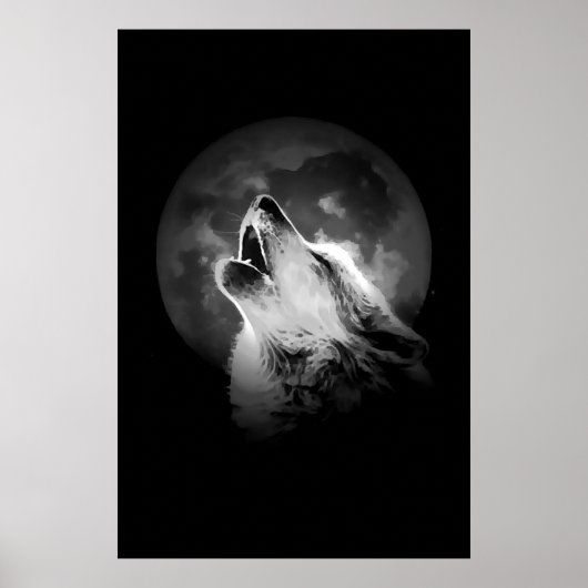 Poster Loup hurlant noir et blanc & Lune (Devant)