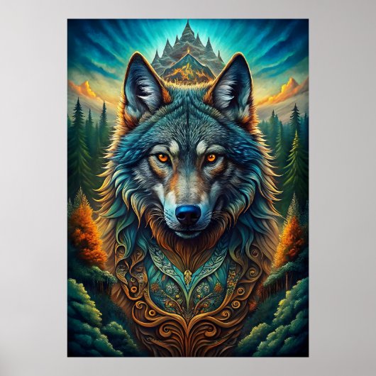 Poster Loup majestueux dans la forêt mystique (Devant)