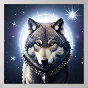 Poster Loup Majestueux Sous un Ciel Étoilé
